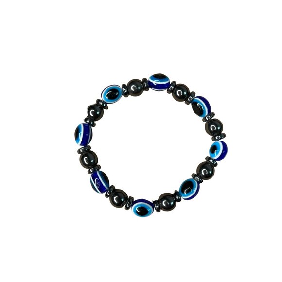 Hematite & Evil Eye Beaded Stretch Bracelets - Picture 1 of 4